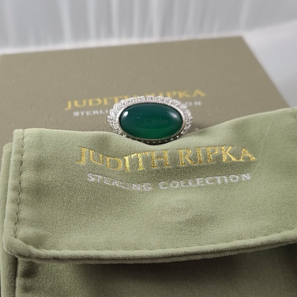 Judith Ripka Green Gemstone 925 SS / CZ Statement Ring Sz 8 - Picture 8 of 8
